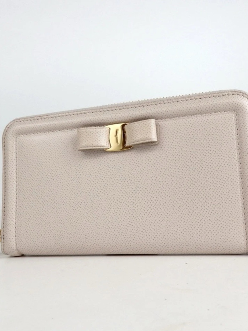 Women's Neutral Beige Zip Wallet with Bow Accent